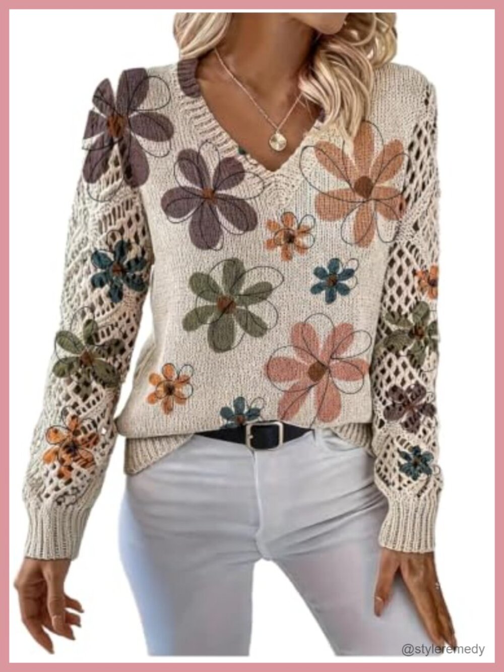 WDIRARA Vintage Floral Crochet Boho Knit Sweater Long Sleeve V-Neck Pullover